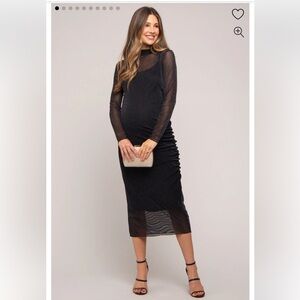 Black Shimmer Mesh Long Sleeve Ruched Maternity Midi Dress